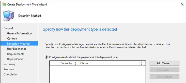 Screenshot showing the addition of a Detection Method in the Deployment Type Wizard for GoodSync Runner deployment