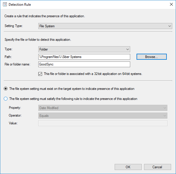 Screenshot showing the creation of a Detection Rule in the Deployment Type Wizard for GoodSync Runner deployment