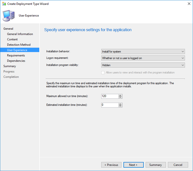 Screenshot illustrating the configuration of user experience settings in the Deployment Type Wizard for GoodSync Runner deployment