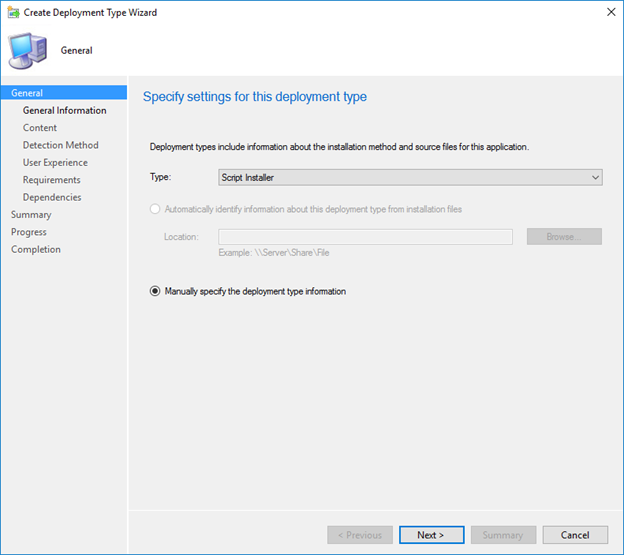 Screenshot showing how to opt for 'Manually specify the deployment type information' in the Deployment Type Wizard for GoodSync Runner startup script deployment