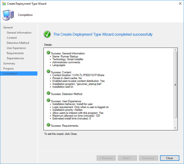 Screenshot illustrating the completion of adding a Deployment Type for the GoodSync Runner startup script deployment