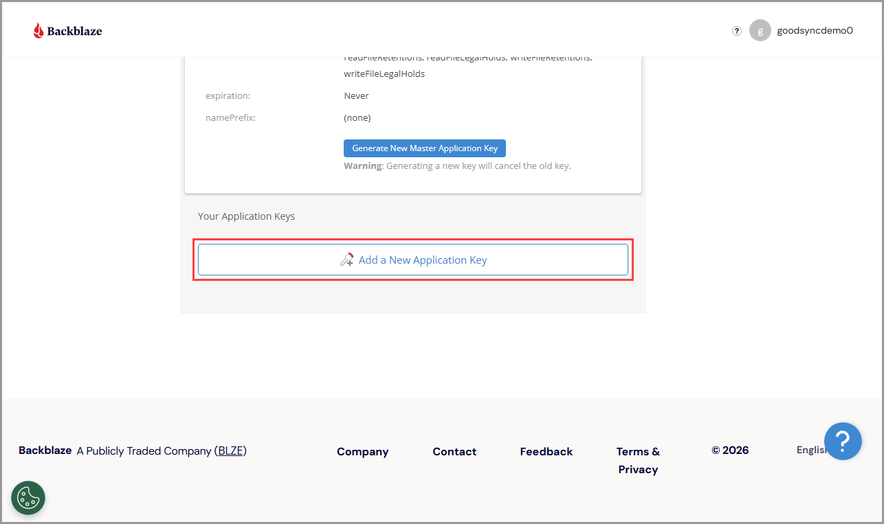 Demonstrating how to add a new application key in a Backblaze B2 account