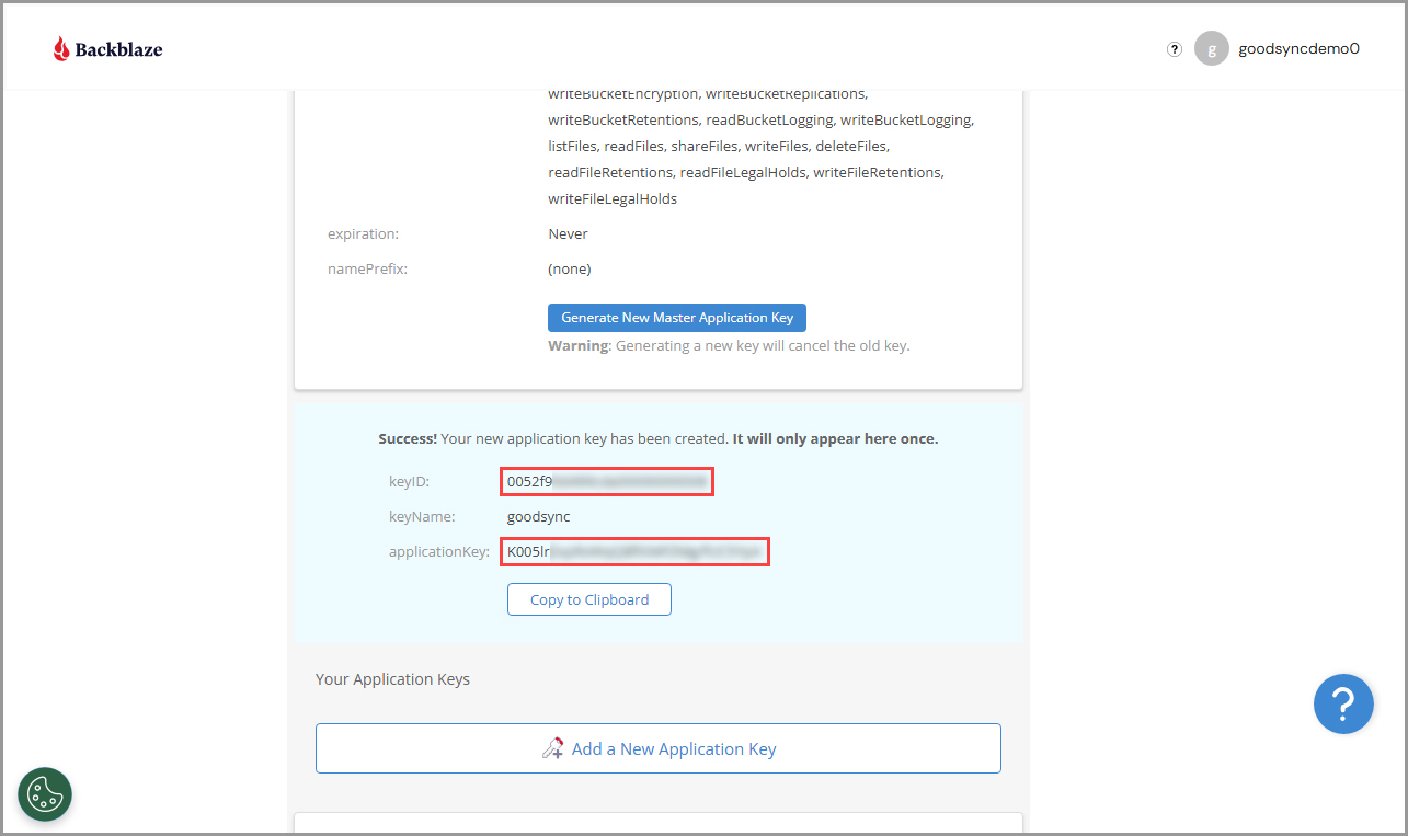Showing how to locate the credentials for the new Backblaze B2 application key to use in GoodSync