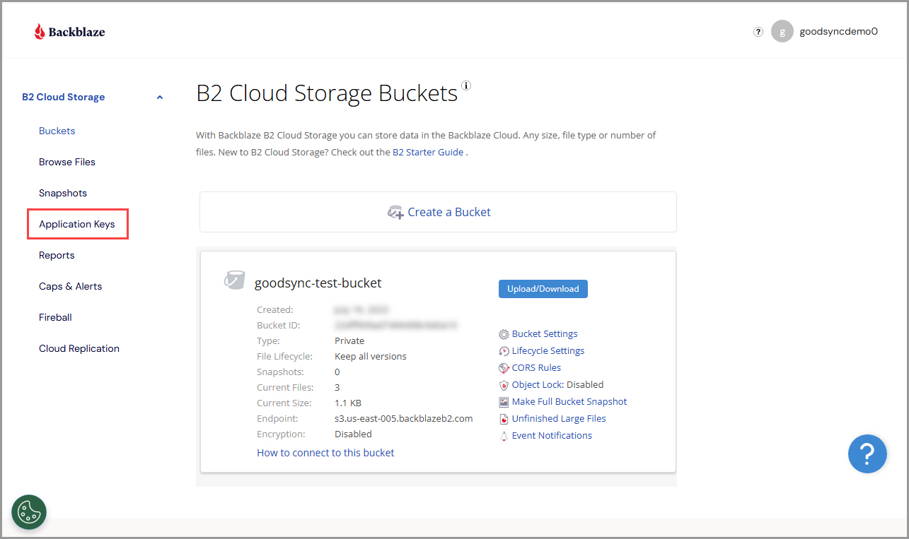 Demonstrating how to access the 'Application Keys' section in a Backblaze B2 account