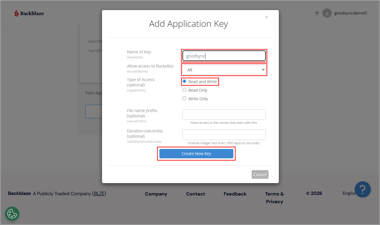 Showing how to set the key name, bucket name, type of access, and create a new application key in a Backblaze B2 account