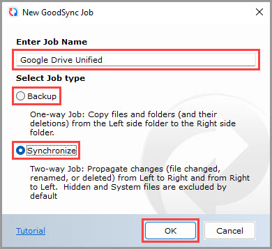Demonstrating how to set the job name and job type for a new GoodSync job