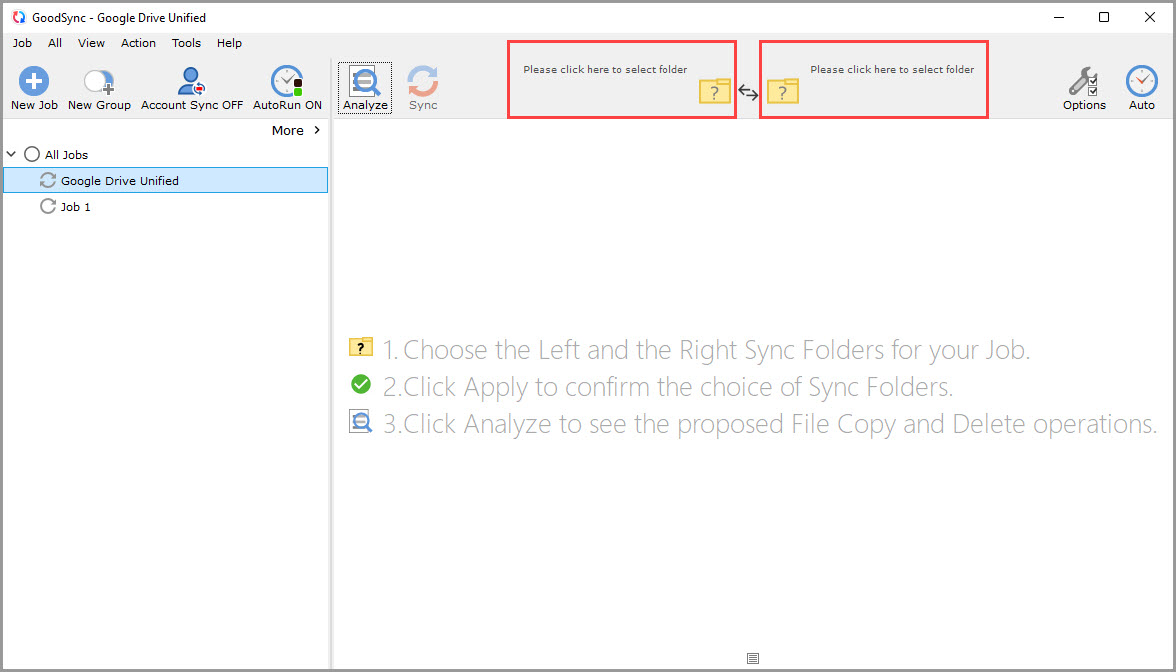 Screenshot of the GoodSync window illustrating how to enter browse mode for sync folder selection