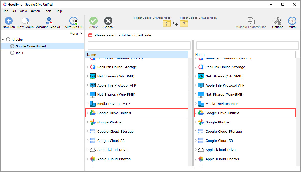 Screenshot of the GoodSync window illustrating how to select the Google Drive Unified file system