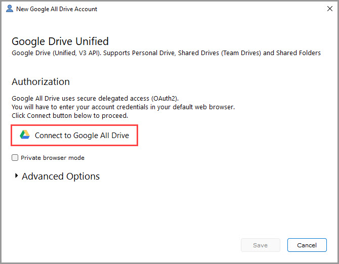 Screenshot showing how to start the process of adding a new Google Drive account in GoodSync