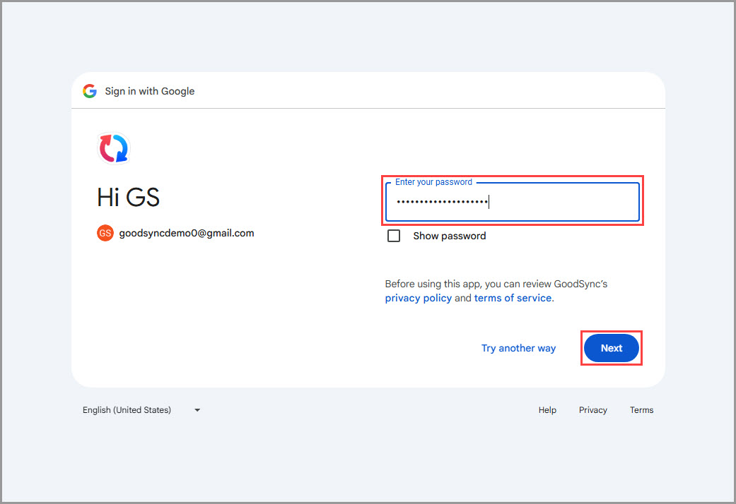 Screenshot displaying how to enter a Google Account password on the Google authentication page