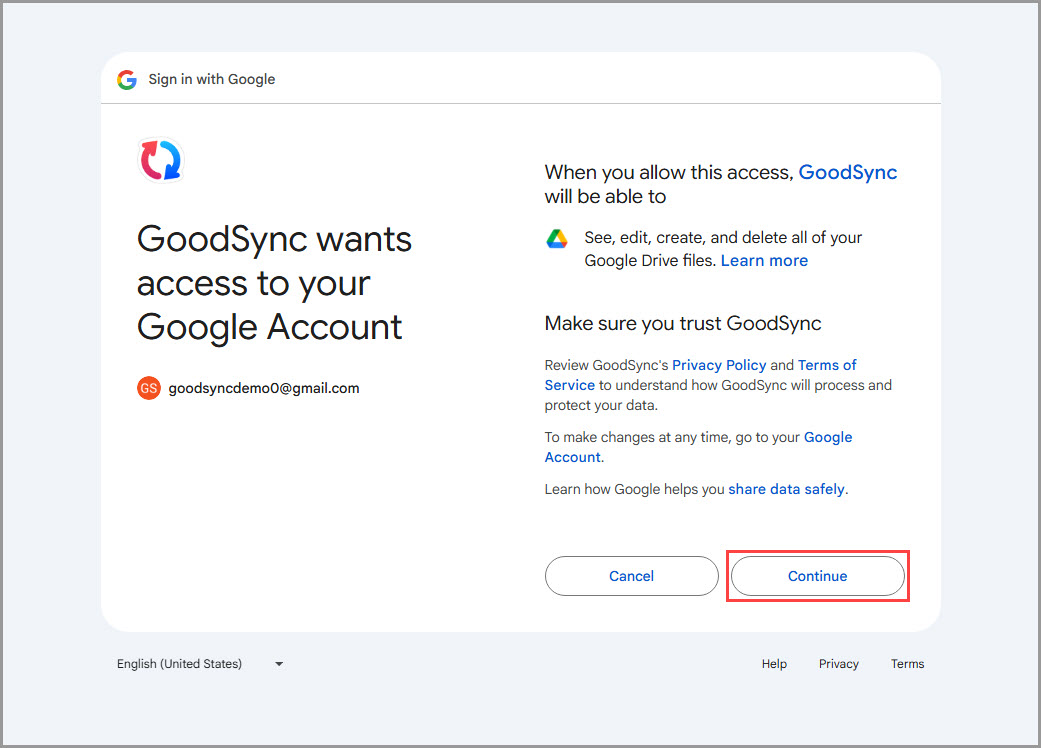 Demonstrating how to grant GoodSync access to the Google Drive file system