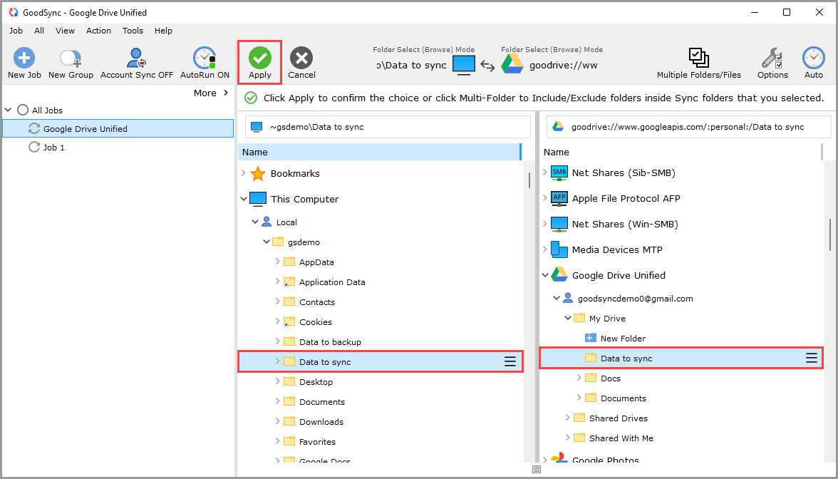 Showing how to select the left and right sync folders in a GoodSync job using the Google Drive Unified file system
