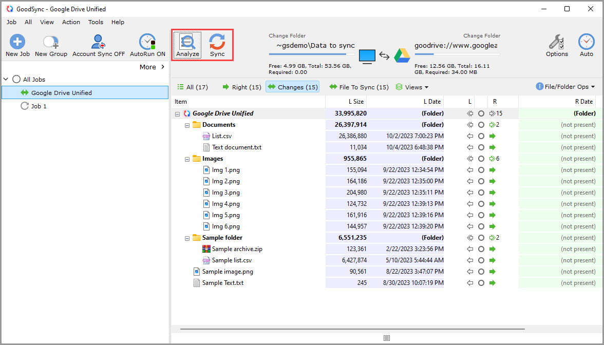 Screenshot demonstrating that a new GoodSync job with Google Drive is ready to Analyze and Sync