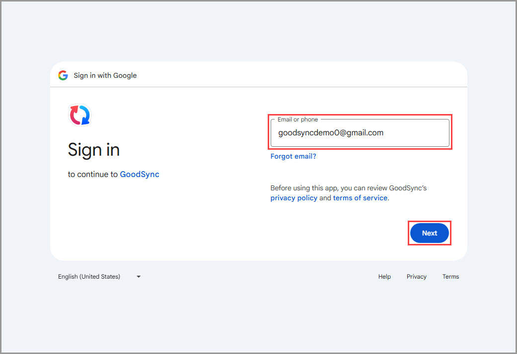 Screenshot showing how to enter a Google Account name on the Google authentication page