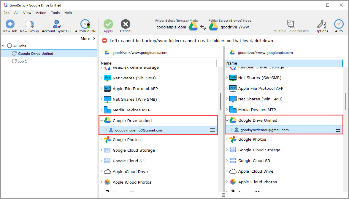 Screenshot displaying the contents of the Google Drive account in GoodSync