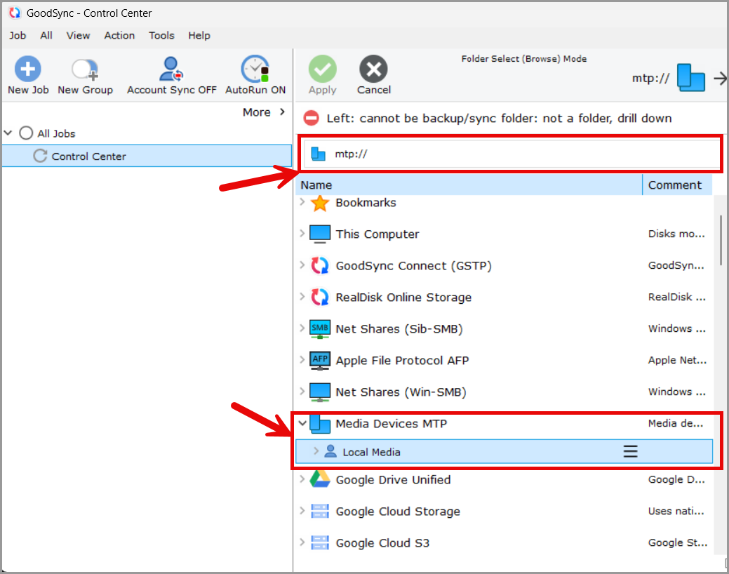 Media Devices MTP selection example