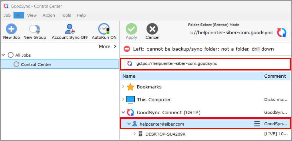 GoodSync Connect folder selection