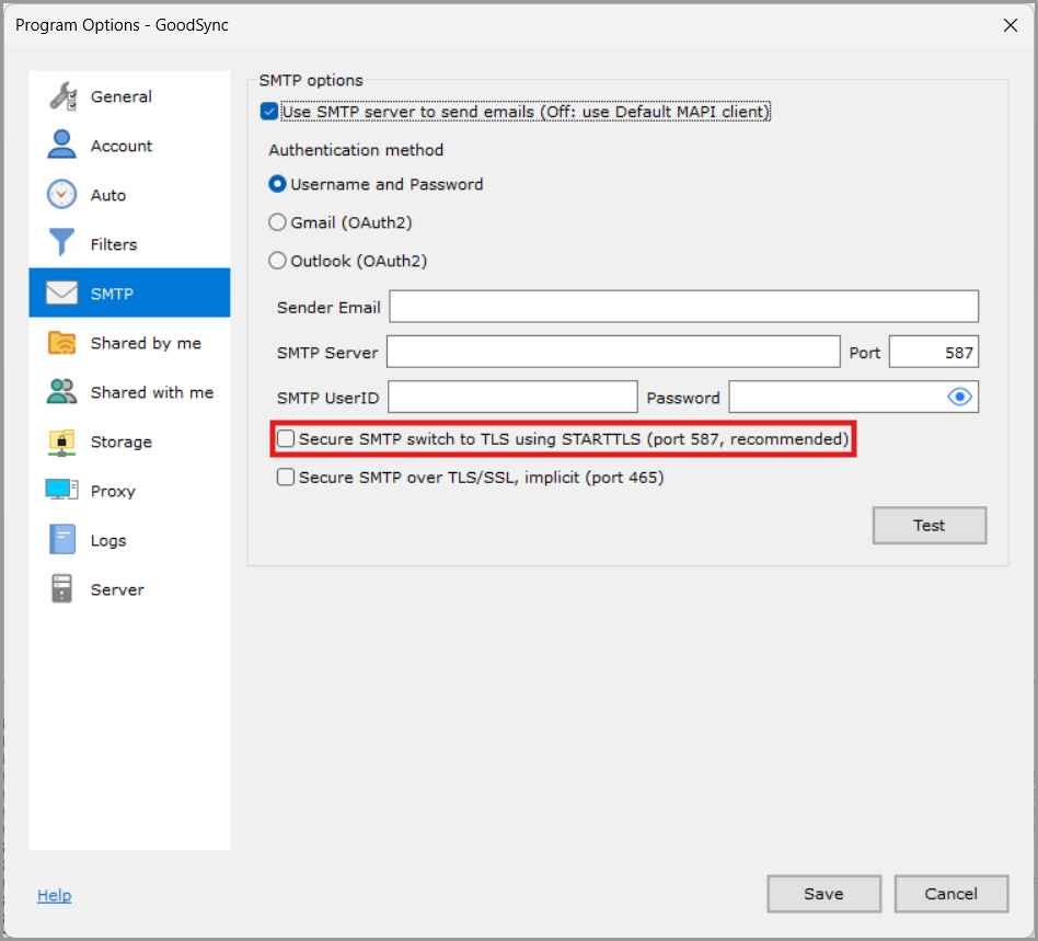 Secure SMTP using STARTTLS setting