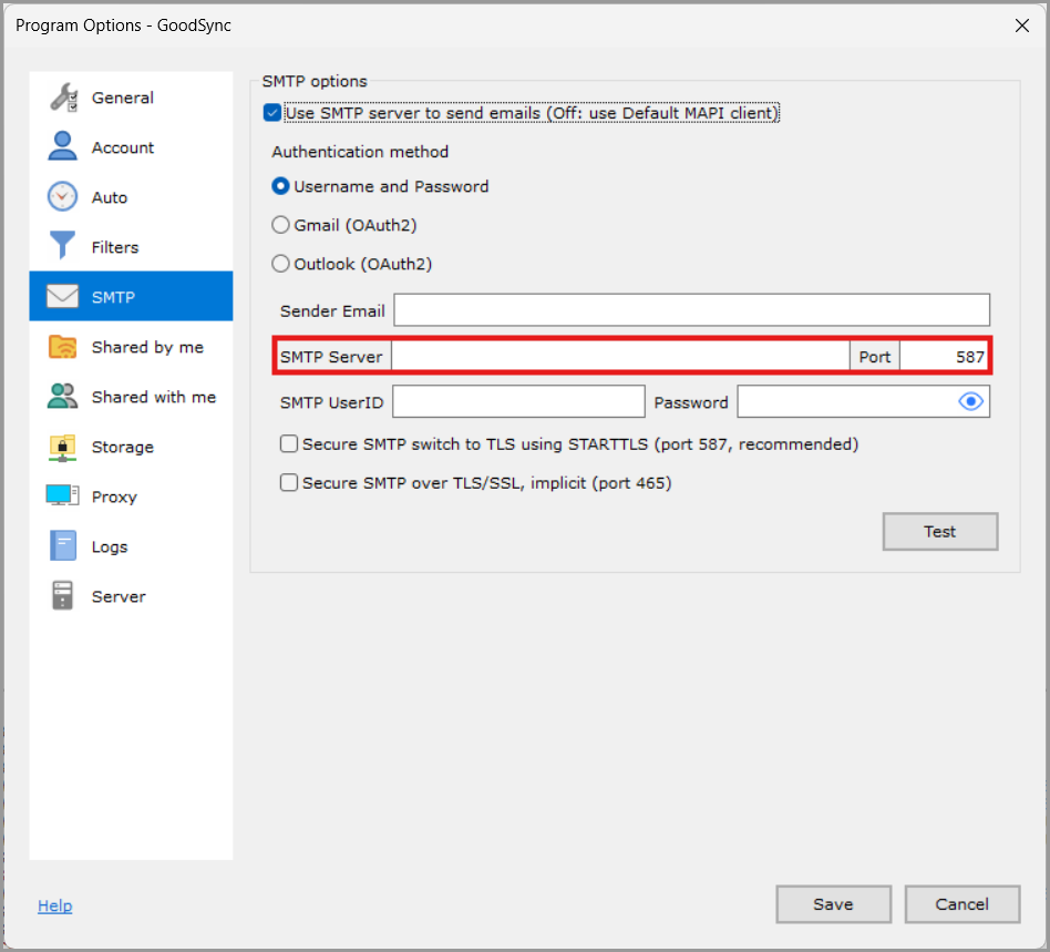 SMTP Server and Port settings