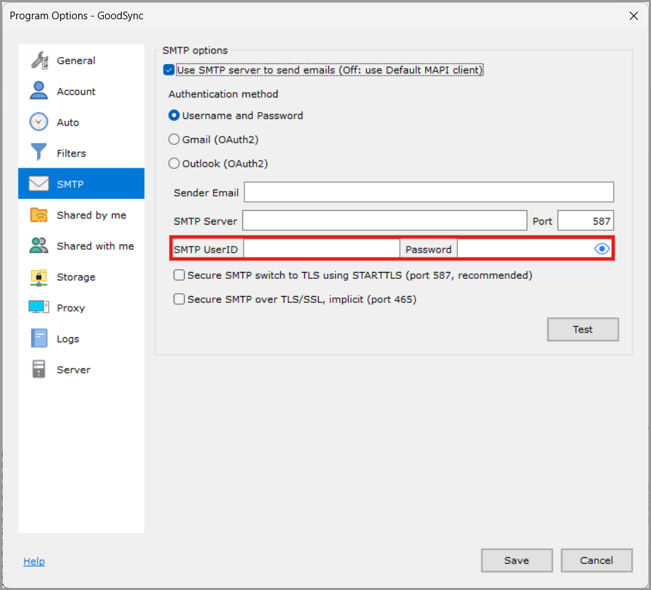 SMTP UserID and Password settings