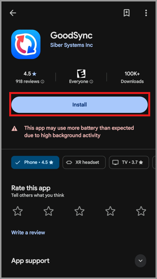 Install button on the GoodSync Google Play Store page