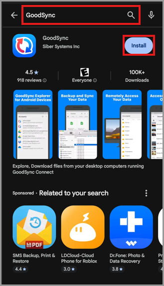 GoodSync displayed in the Google Play Store search results