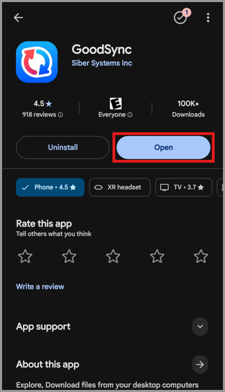 Open button on the GoodSync Google Play Store page