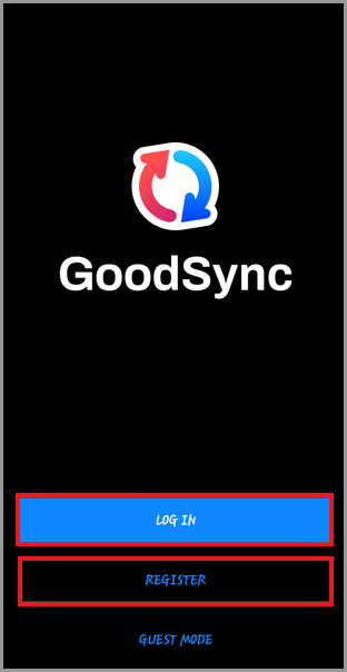 GoodSync for Android welcome screen showing the Log In and Register options