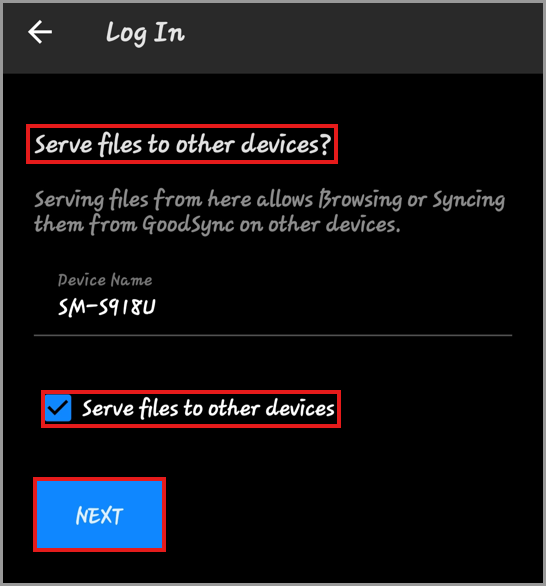 GoodSync device setup screen showing the Device Name and Serve files to other devices option