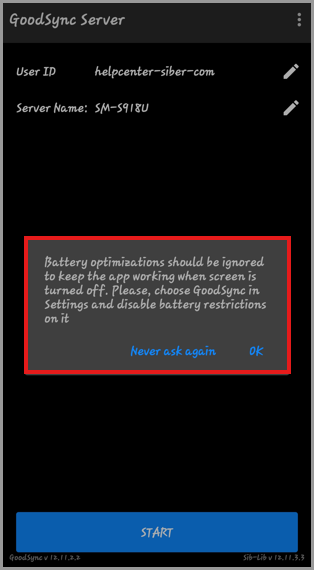 GoodSync battery optimization message