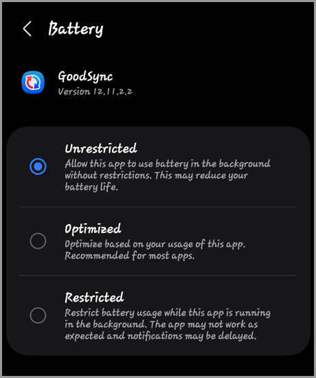Android battery settings showing GoodSync configured as Unrestricted