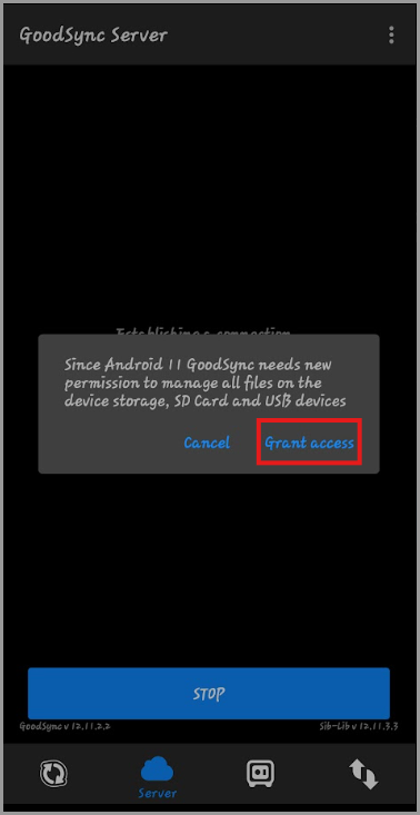 Android Manage all files access setting enabled for GoodSync