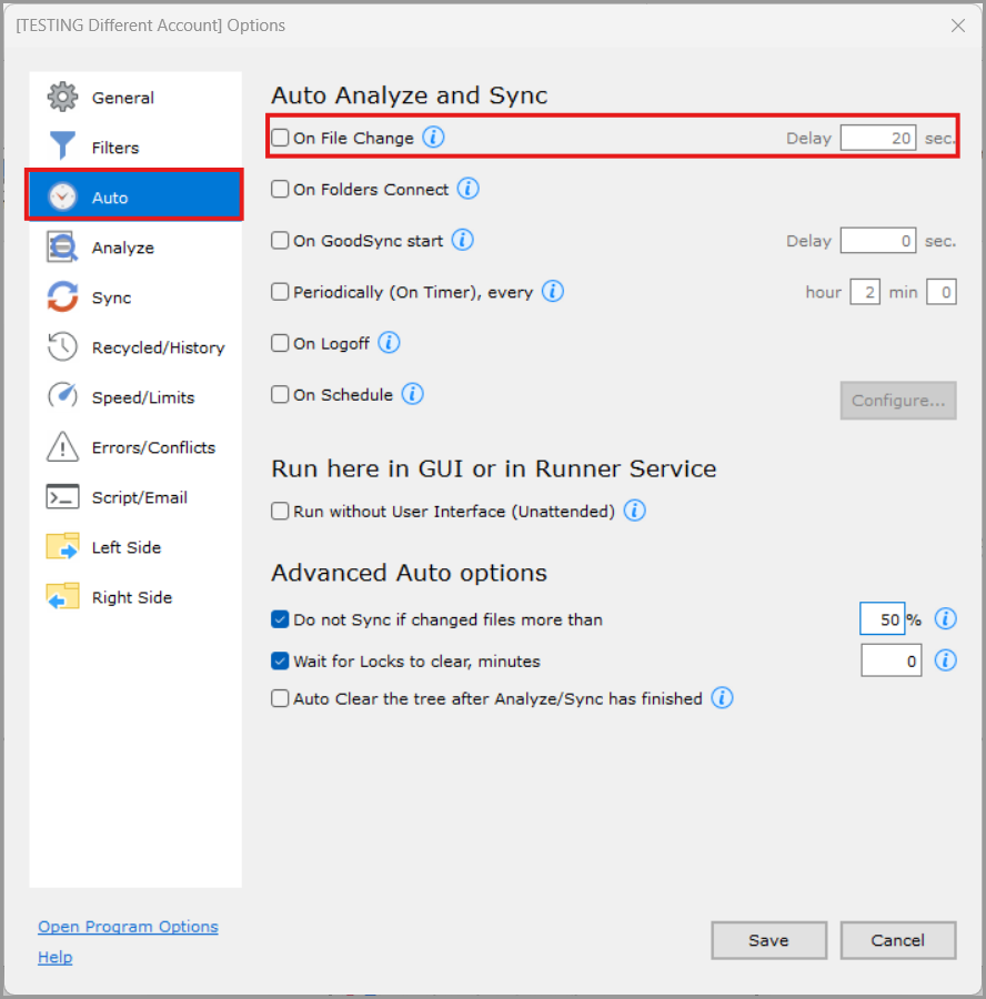 On File Change settings in the Auto section of GoodSync Job Options