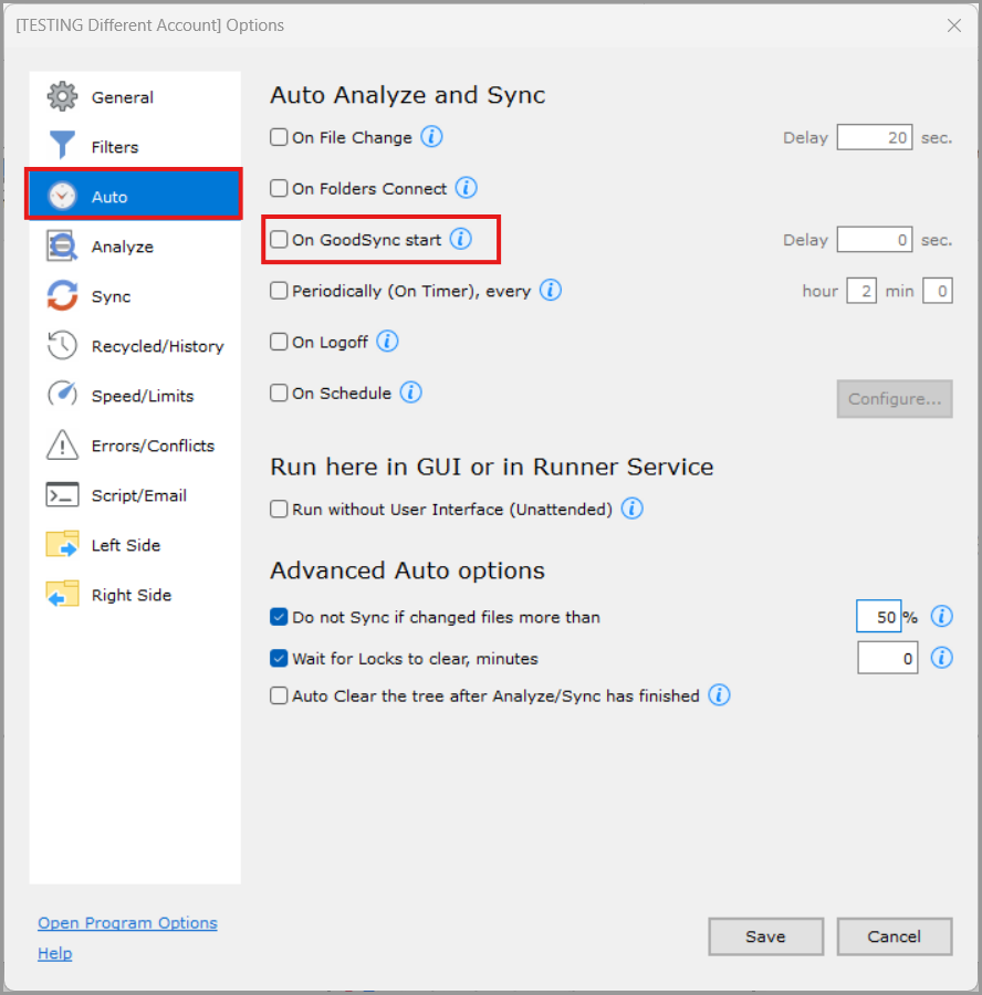 On GoodSync Start settings in the Auto section of GoodSync Job Options