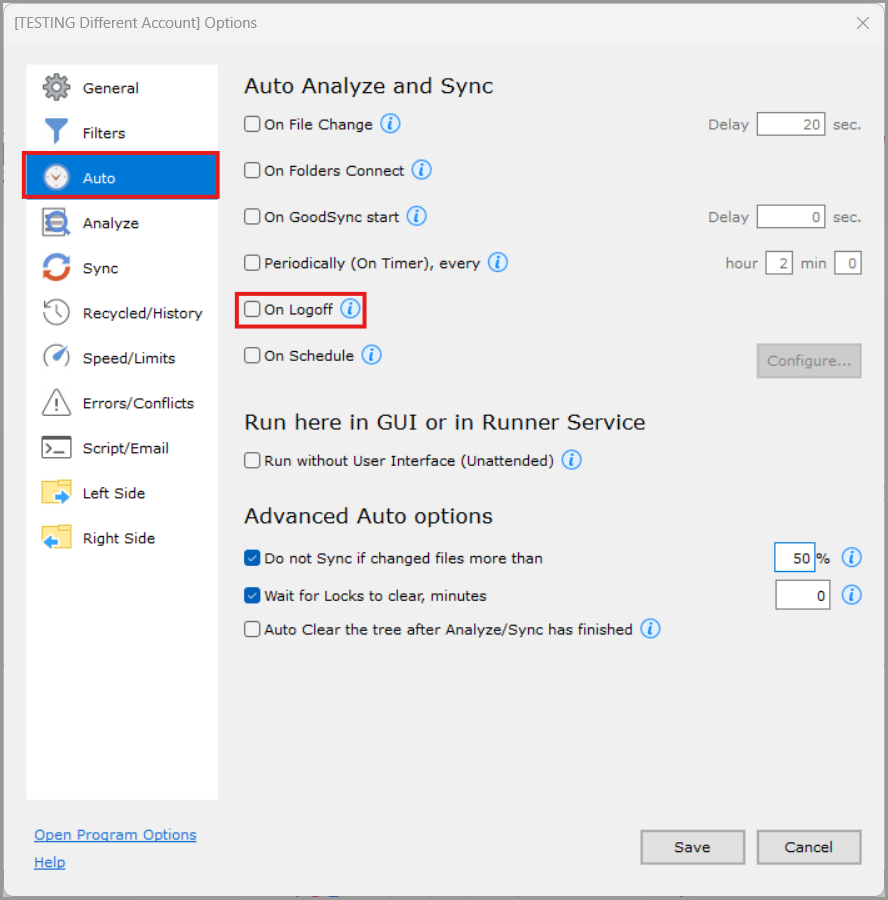 On Logoff settings in the Auto section of GoodSync Job Options
