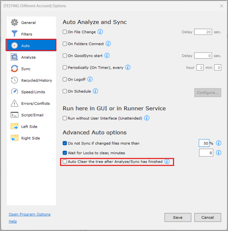Auto Clear the Tree after Analyze or Sync Has Finished setting in GoodSync Job Options