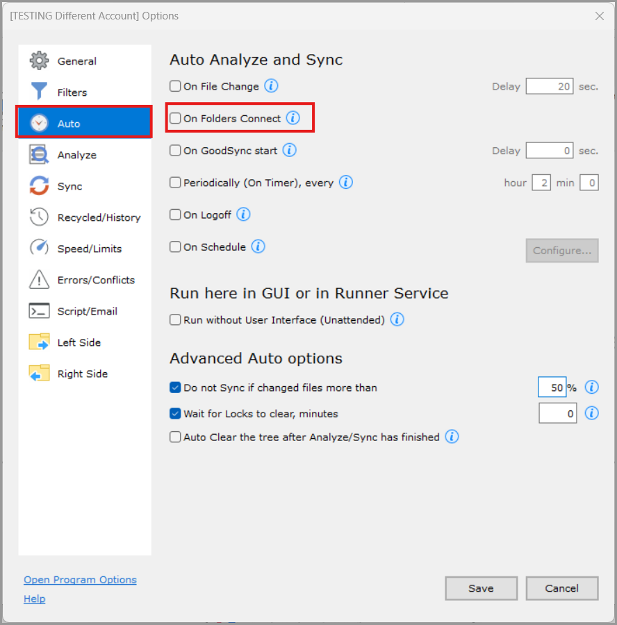 On Folders Connect settings in the Auto section of GoodSync Job Options