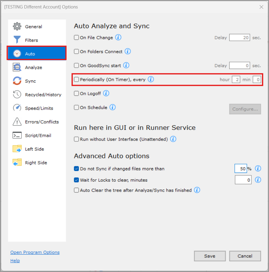 Periodically On Timer settings in the Auto section of GoodSync Job Options