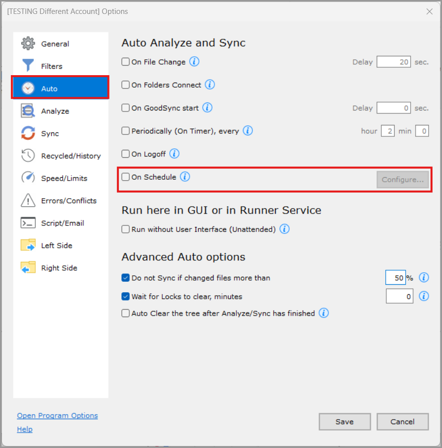 On Schedule settings in the Auto section of GoodSync Job Options