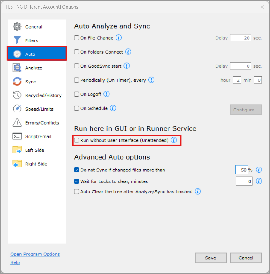 Run without User Interface Unattended settings in GoodSync Job Options
