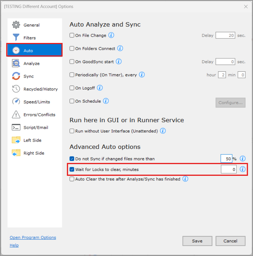 Wait for Locks to Clear setting in GoodSync Job Options