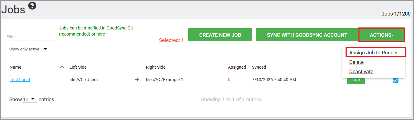 GoodSync Control Center job Actions menu