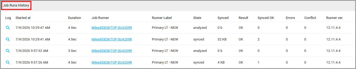 GoodSync Job Runs History