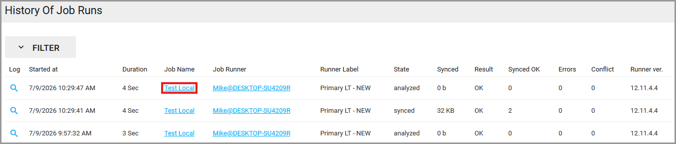 Select a job name to view its run history