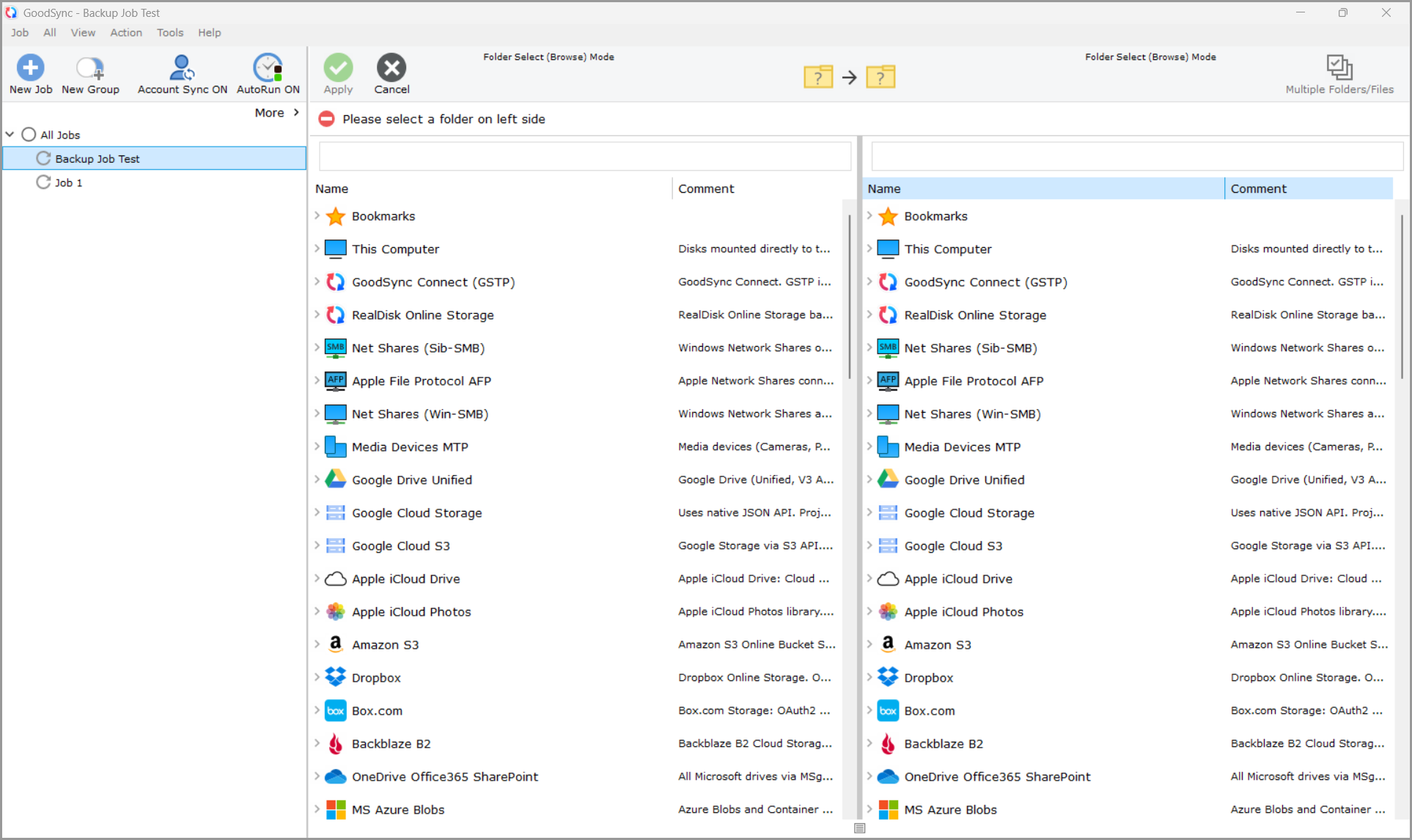 GoodSync folder and storage selection window