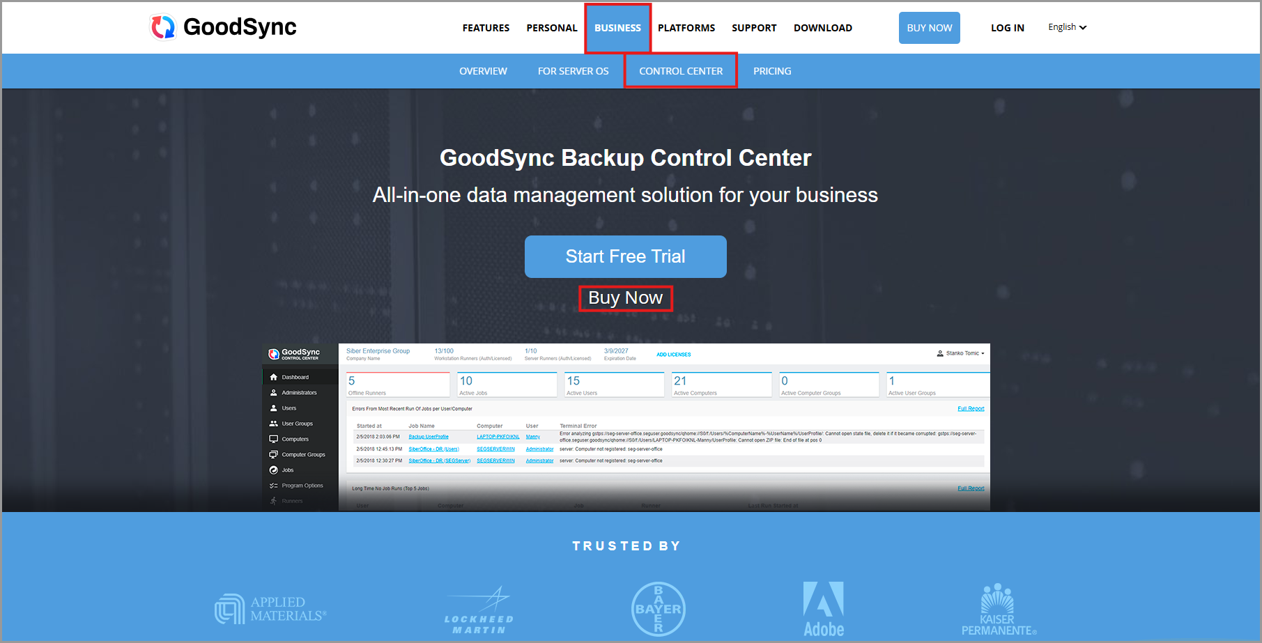 GoodSync Control Center website with the Buy Now option