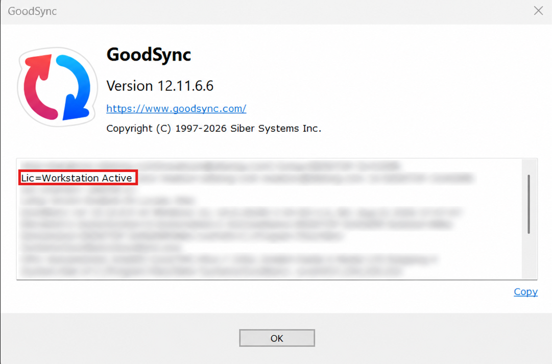 GoodSync About window showing the Lic information