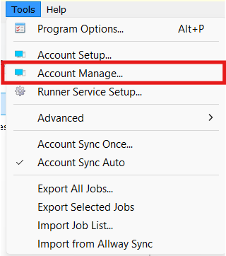 GoodSync Tools menu with Account Manage highlighted