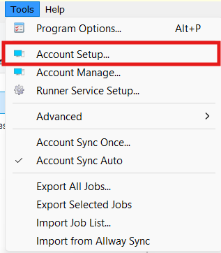 GoodSync Tools menu with Account Setup highlighted