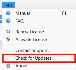 GoodSync Help menu with Check for Updates highlighted